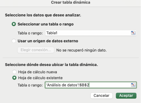 Ventana de creación de tabla dinámica en Excel con la opción de seleccionar una tabla existente.
